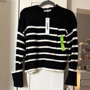 Vigoss Black and White Striped Crew Neck Sweater